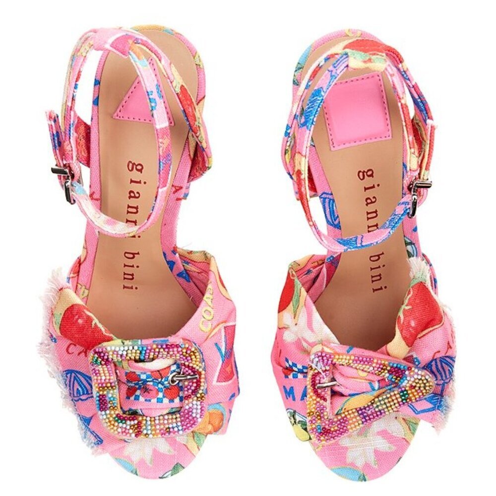 NEW Gianni Bini Tobias Printed Linen Mismatched Buckle Platform Dress Sandals - Picture 2 of 3